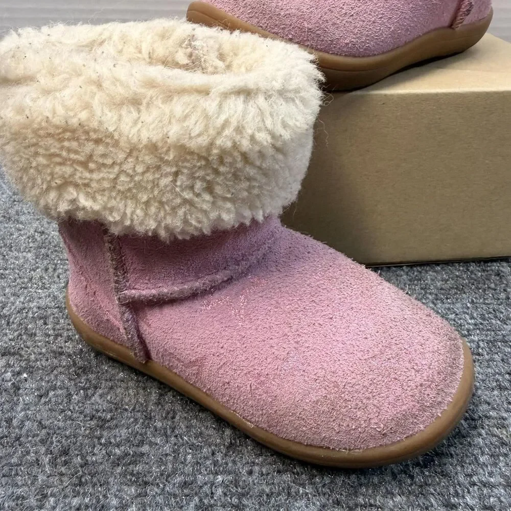 UGG Boots Girls Size 7 Pink Suede Shearling Lined Winter Fur Trim 1157633T